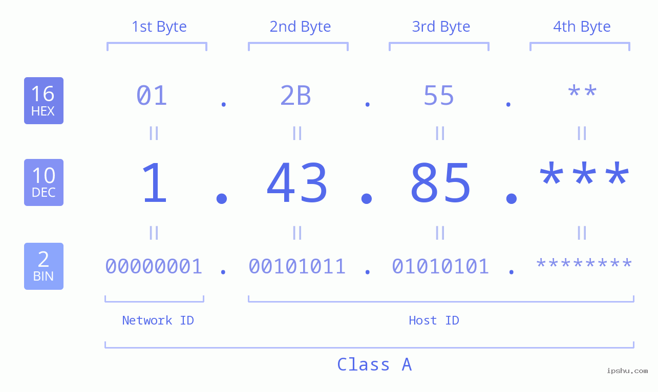 IP Address: 1.43.85 Data Structure Chart BIN DEC HEX IPv4: 1.43.85 Network Class, Net ID, Host ID