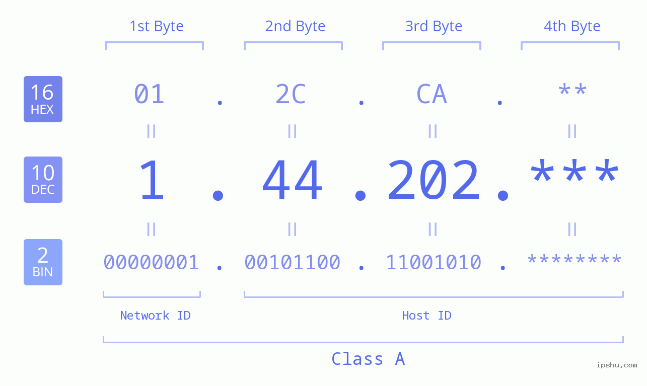 IP Address: 1.44.202 Data Structure Chart BIN DEC HEX IPv4: 1.44.202 Network Class, Net ID, Host ID