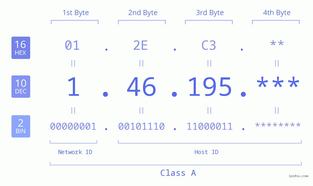 IP Address: 1.46.195 Data Structure Chart BIN DEC HEX IPv4: 1.46.195 Network Class, Net ID, Host ID