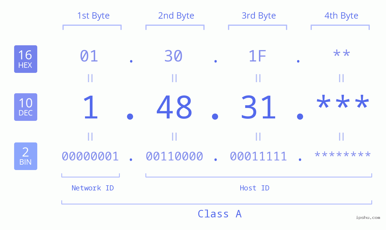 IP Address: 1.48.31 Data Structure Chart BIN DEC HEX IPv4: 1.48.31 Network Class, Net ID, Host ID