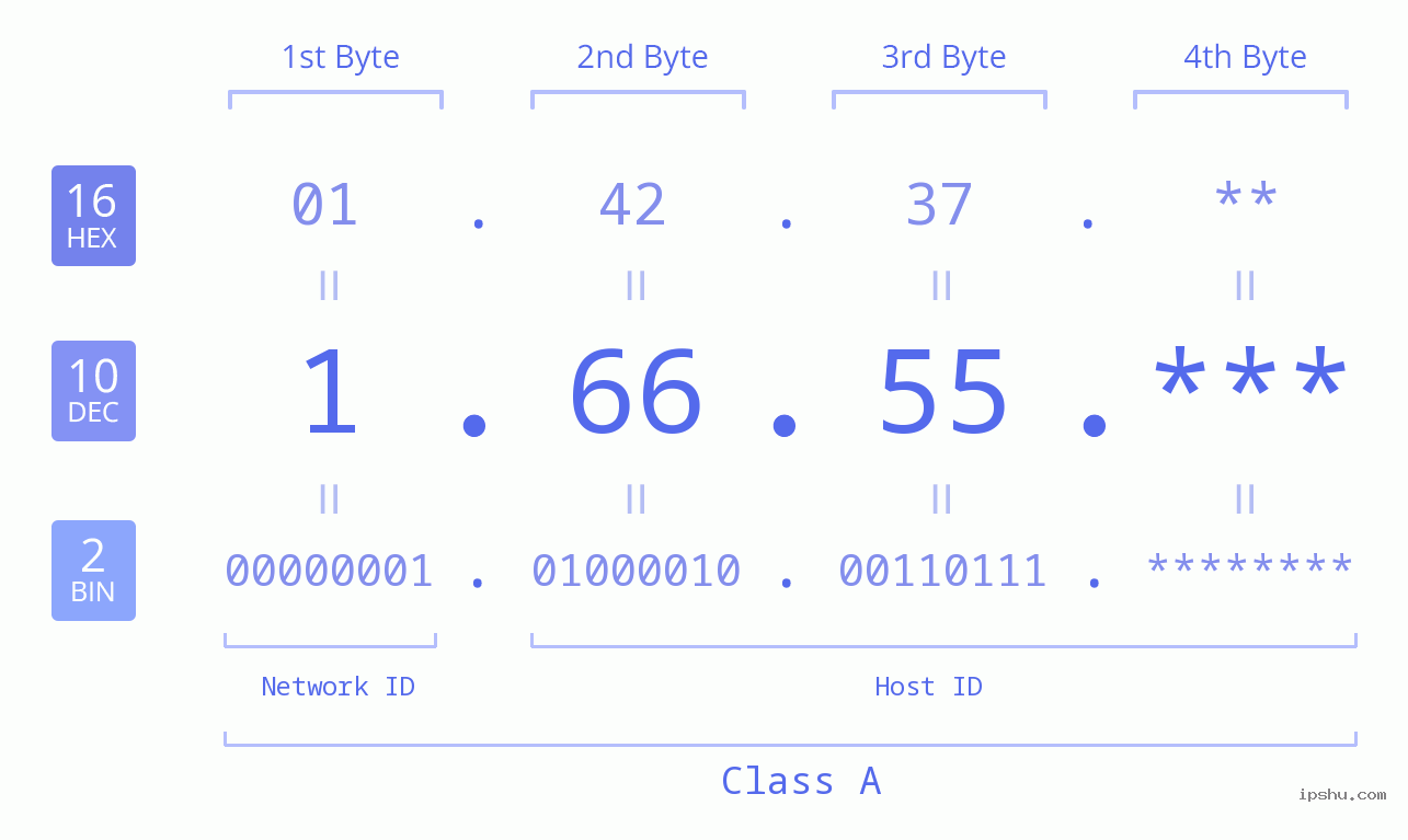 IP Address: 1.66.55 Data Structure Chart BIN DEC HEX IPv4: 1.66.55 Network Class, Net ID, Host ID