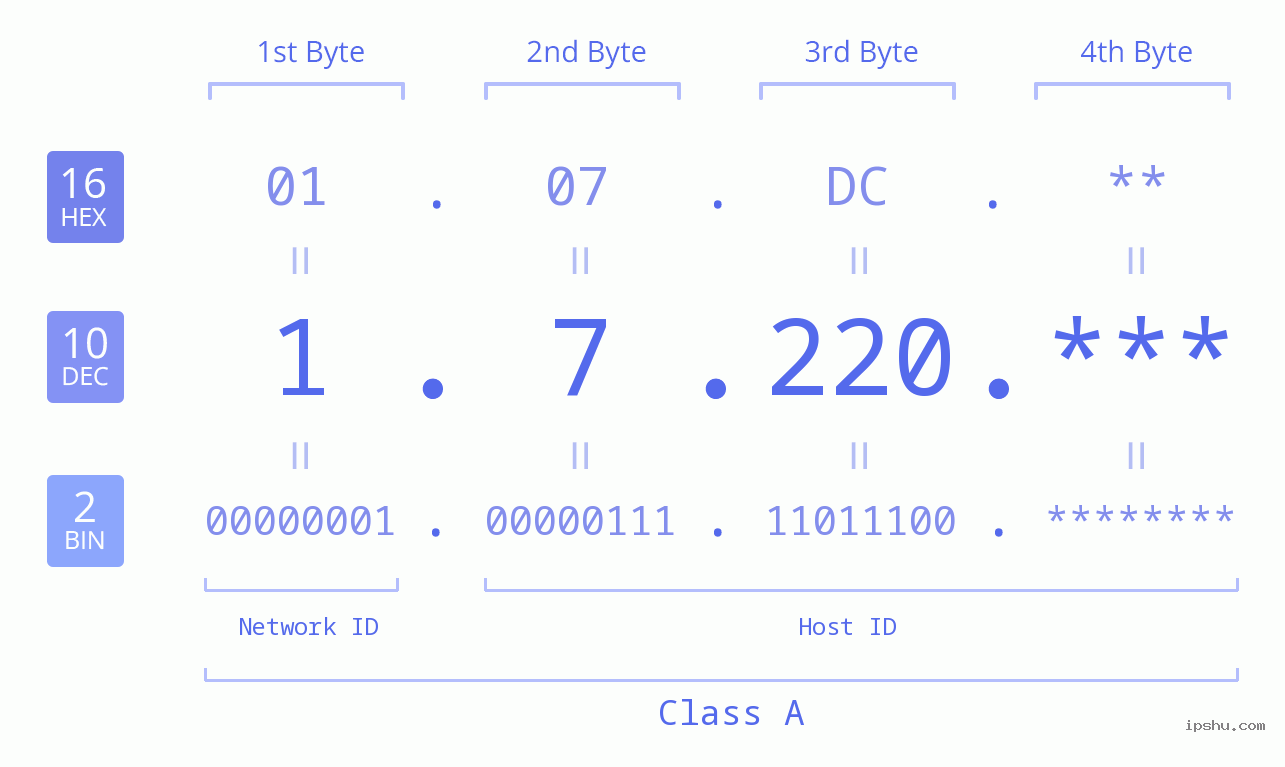 IP Address: 1.7.220 Data Structure Chart BIN DEC HEX IPv4: 1.7.220 Network Class, Net ID, Host ID