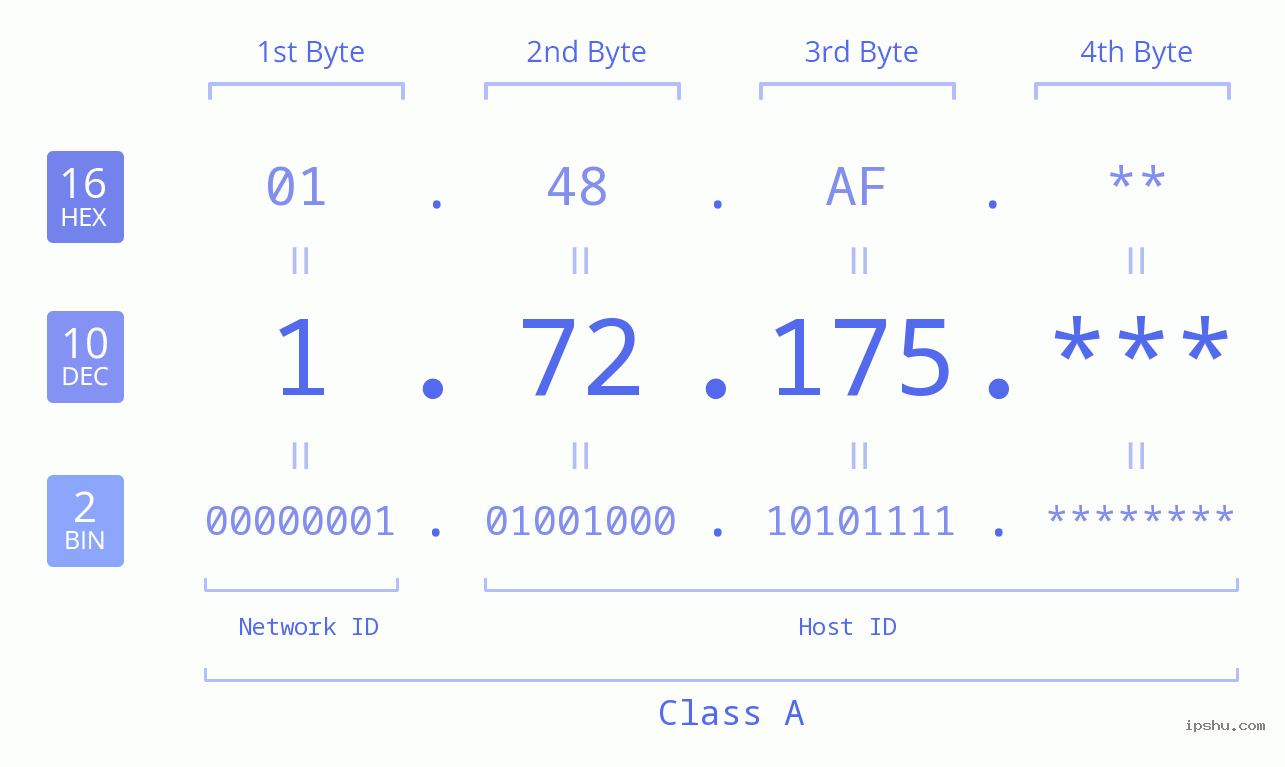 IP Address: 1.72.175 Data Structure Chart BIN DEC HEX IPv4: 1.72.175 Network Class, Net ID, Host ID