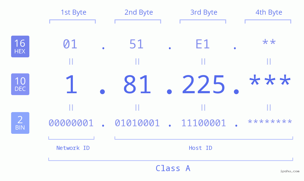 IP Address: 1.81.225 Data Structure Chart BIN DEC HEX IPv4: 1.81.225 Network Class, Net ID, Host ID