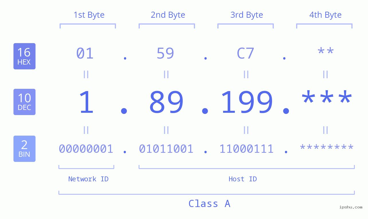 IP Address: 1.89.199 Data Structure Chart BIN DEC HEX IPv4: 1.89.199 Network Class, Net ID, Host ID