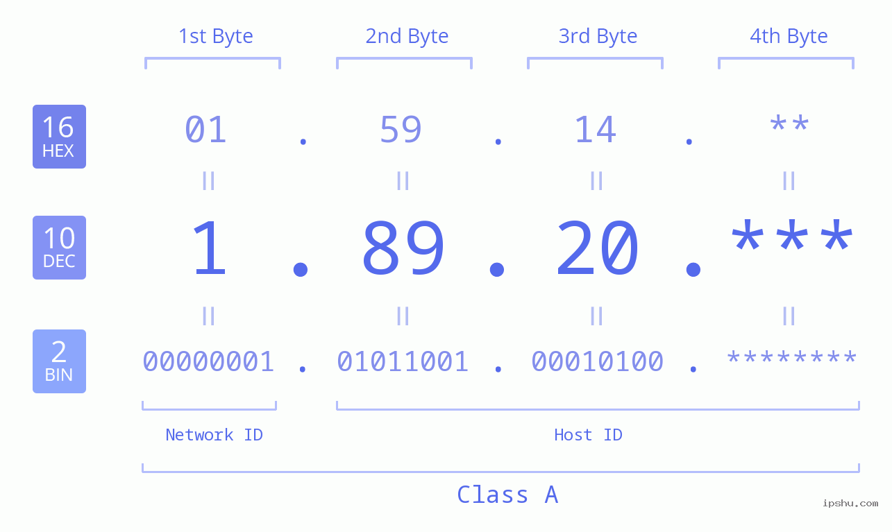 IP Address: 1.89.20 Data Structure Chart BIN DEC HEX IPv4: 1.89.20 Network Class, Net ID, Host ID