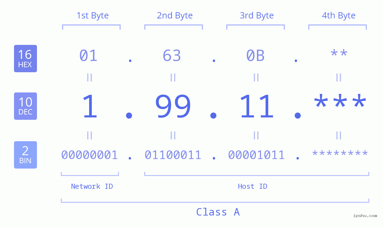IP Address: 1.99.11 Data Structure Chart BIN DEC HEX IPv4: 1.99.11 Network Class, Net ID, Host ID