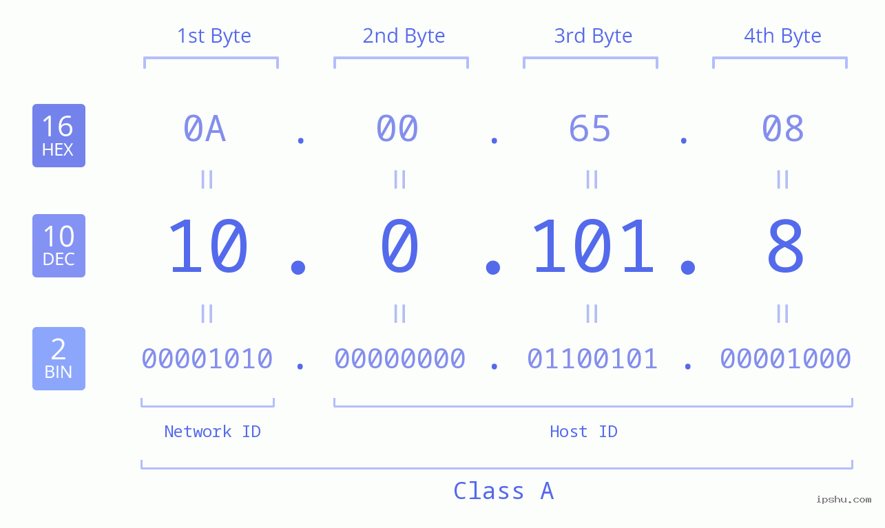 IP Address: 10.0.101.8 Data Structure Chart BIN DEC HEX IPv4: 10.0.101.8 Network Class, Net ID, Host ID