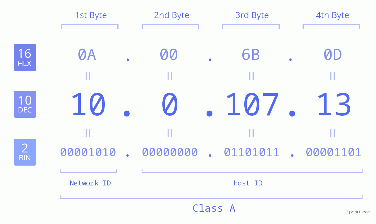 IP Address: 10.0.107.13 Data Structure Chart BIN DEC HEX IPv4: 10.0.107.13 Network Class, Net ID, Host ID