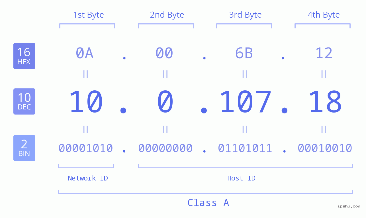 IP Address: 10.0.107.18 Data Structure Chart BIN DEC HEX IPv4: 10.0.107.18 Network Class, Net ID, Host ID