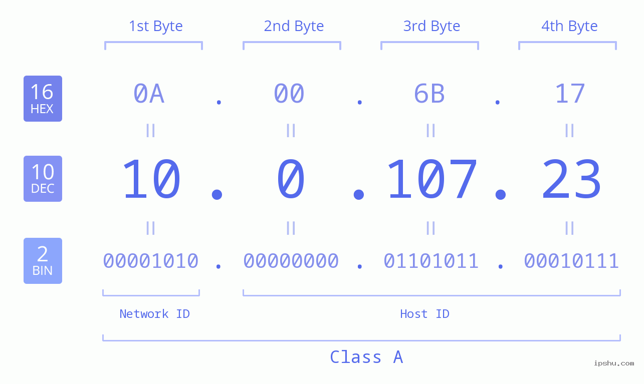 IP Address: 10.0.107.23 Data Structure Chart BIN DEC HEX IPv4: 10.0.107.23 Network Class, Net ID, Host ID