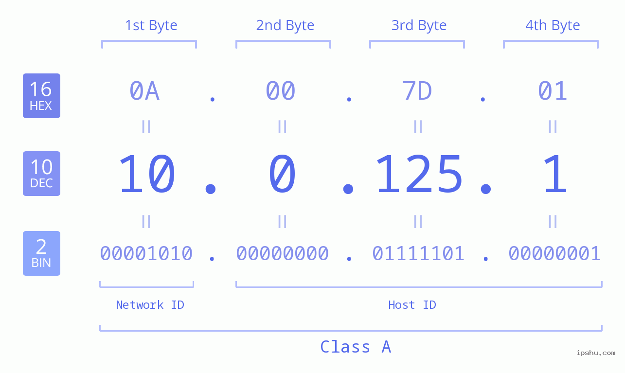 IP Address: 10.0.125.1 Data Structure Chart BIN DEC HEX IPv4: 10.0.125.1 Network Class, Net ID, Host ID