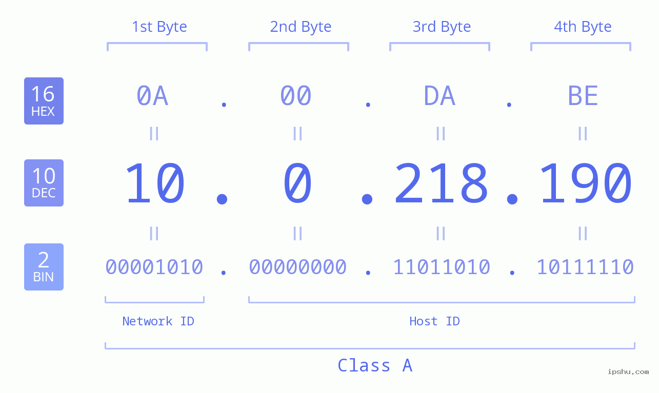 IP Address: 10.0.218.190 Data Structure Chart BIN DEC HEX IPv4: 10.0.218.190 Network Class, Net ID, Host ID