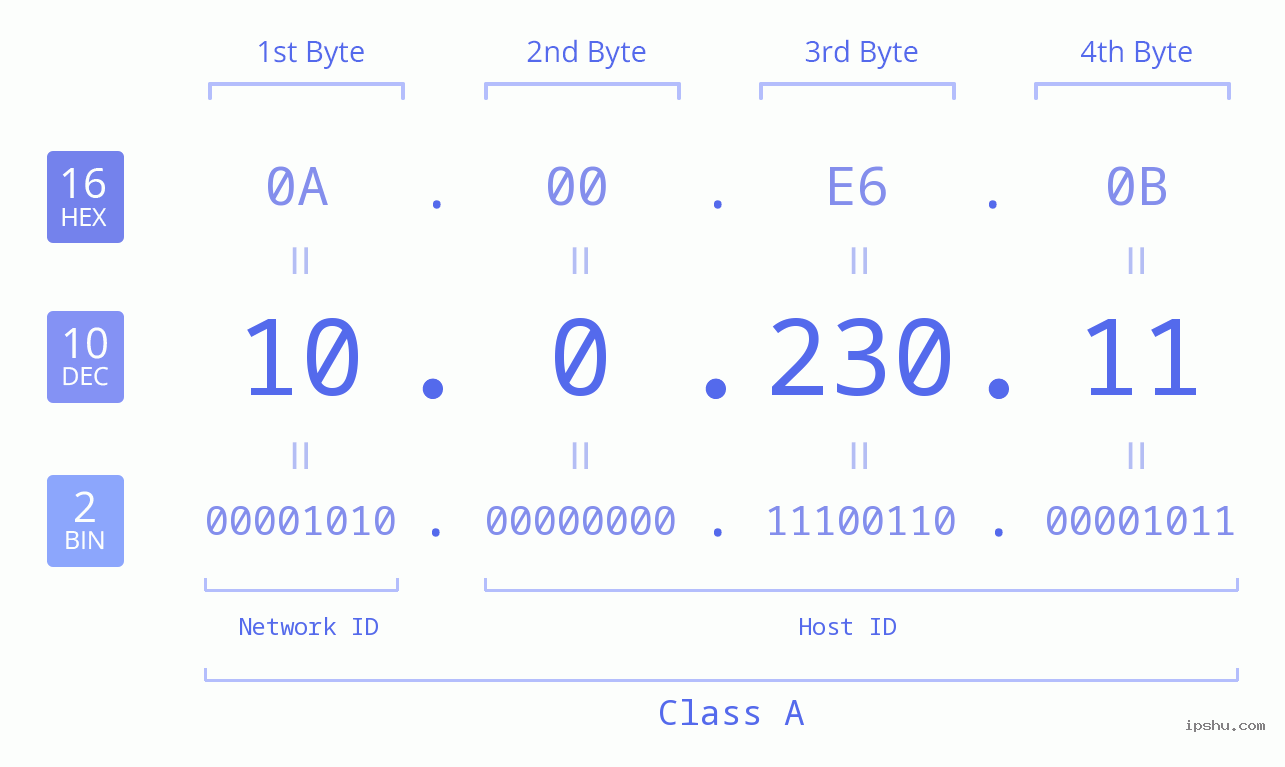 IP Address: 10.0.230.11 Data Structure Chart BIN DEC HEX IPv4: 10.0.230.11 Network Class, Net ID, Host ID