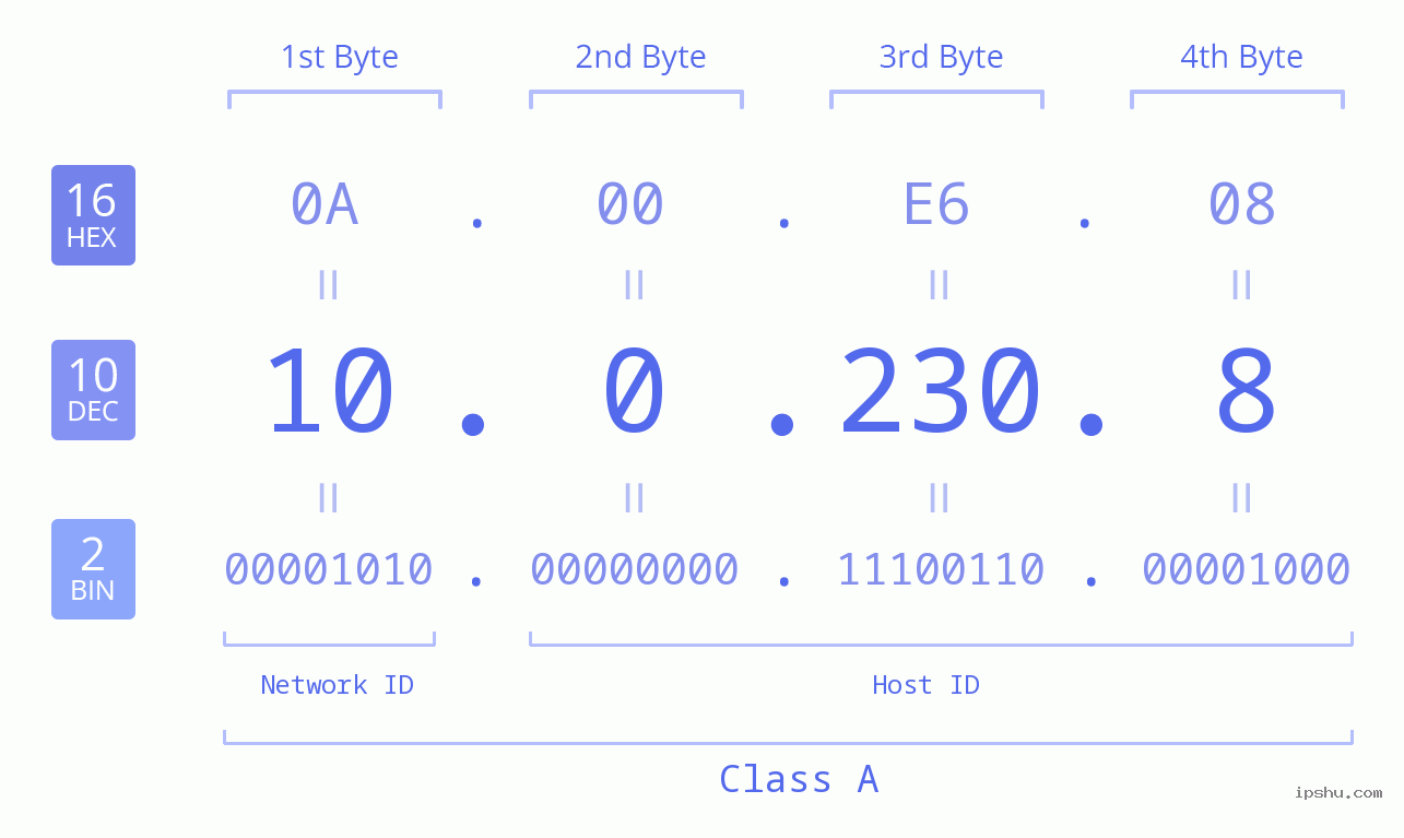IP Address: 10.0.230.8 Data Structure Chart BIN DEC HEX IPv4: 10.0.230.8 Network Class, Net ID, Host ID