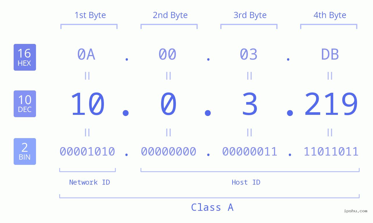 IP Address: 10.0.3.219 Data Structure Chart BIN DEC HEX IPv4: 10.0.3.219 Network Class, Net ID, Host ID