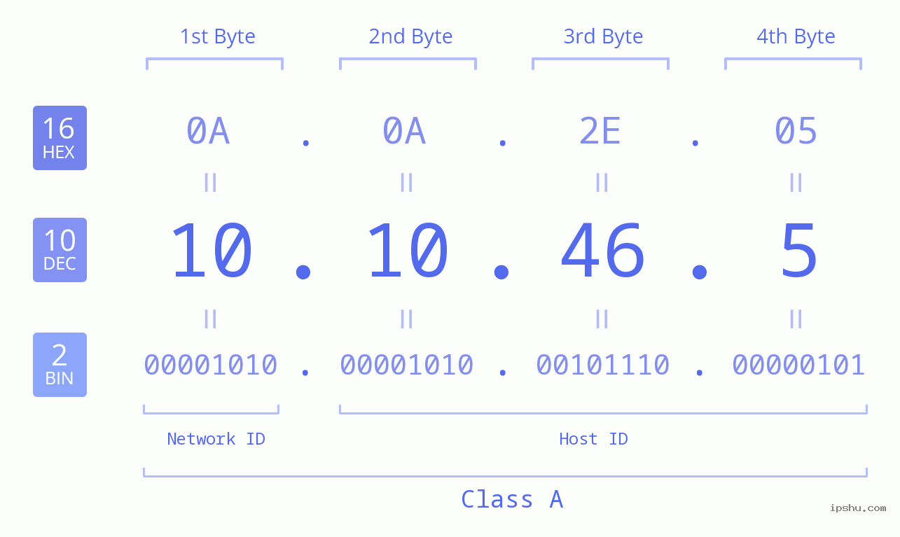 IP Address: 10.10.46.5 Data Structure Chart BIN DEC HEX IPv4: 10.10.46.5 Network Class, Net ID, Host ID
