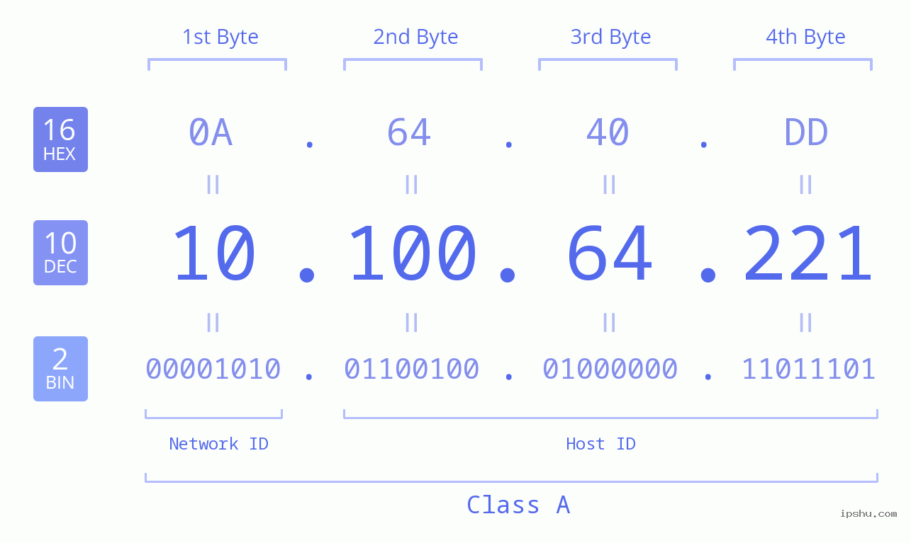 IP Address: 10.100.64.221 Data Structure Chart BIN DEC HEX IPv4: 10.100.64.221 Network Class, Net ID, Host ID