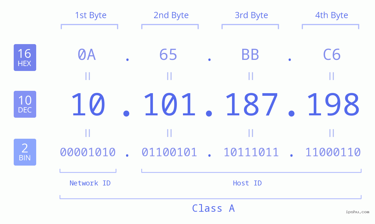 IP Address: 10.101.187.198 Data Structure Chart BIN DEC HEX IPv4: 10.101.187.198 Network Class, Net ID, Host ID