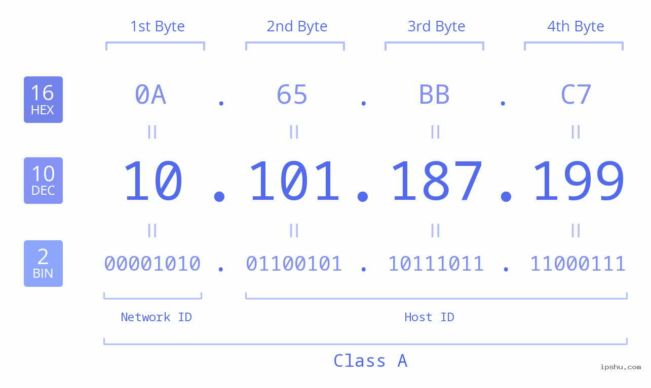 IP Address: 10.101.187.199 Data Structure Chart BIN DEC HEX IPv4: 10.101.187.199 Network Class, Net ID, Host ID