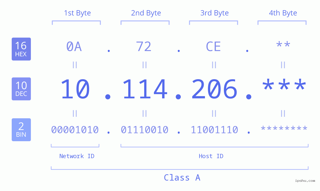IP Address: 10.114.206 Data Structure Chart BIN DEC HEX IPv4: 10.114.206 Network Class, Net ID, Host ID