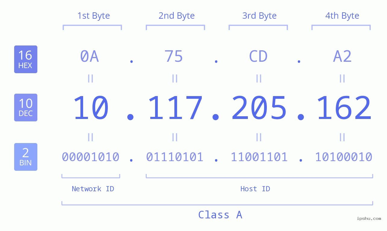 IP Address: 10.117.205.162 Data Structure Chart BIN DEC HEX IPv4: 10.117.205.162 Network Class, Net ID, Host ID