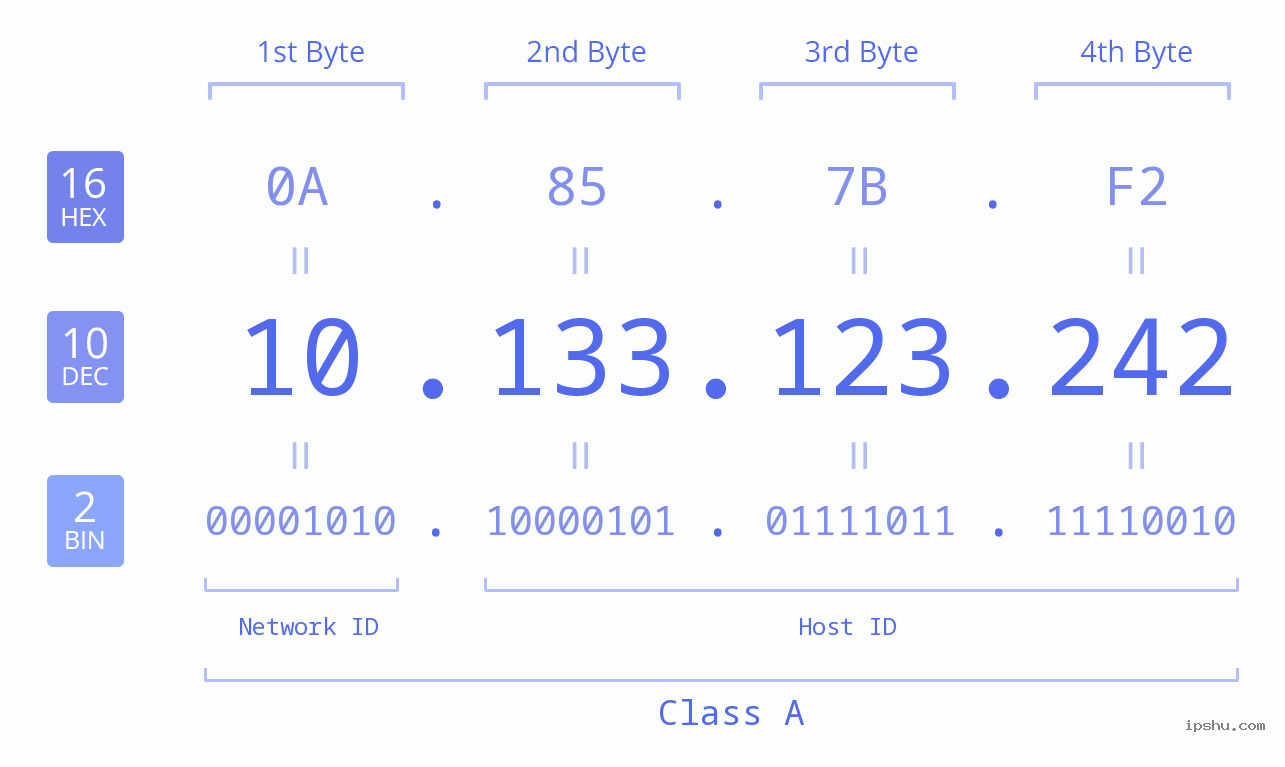 IP Address: 10.133.123.242 Data Structure Chart BIN DEC HEX IPv4: 10.133.123.242 Network Class, Net ID, Host ID