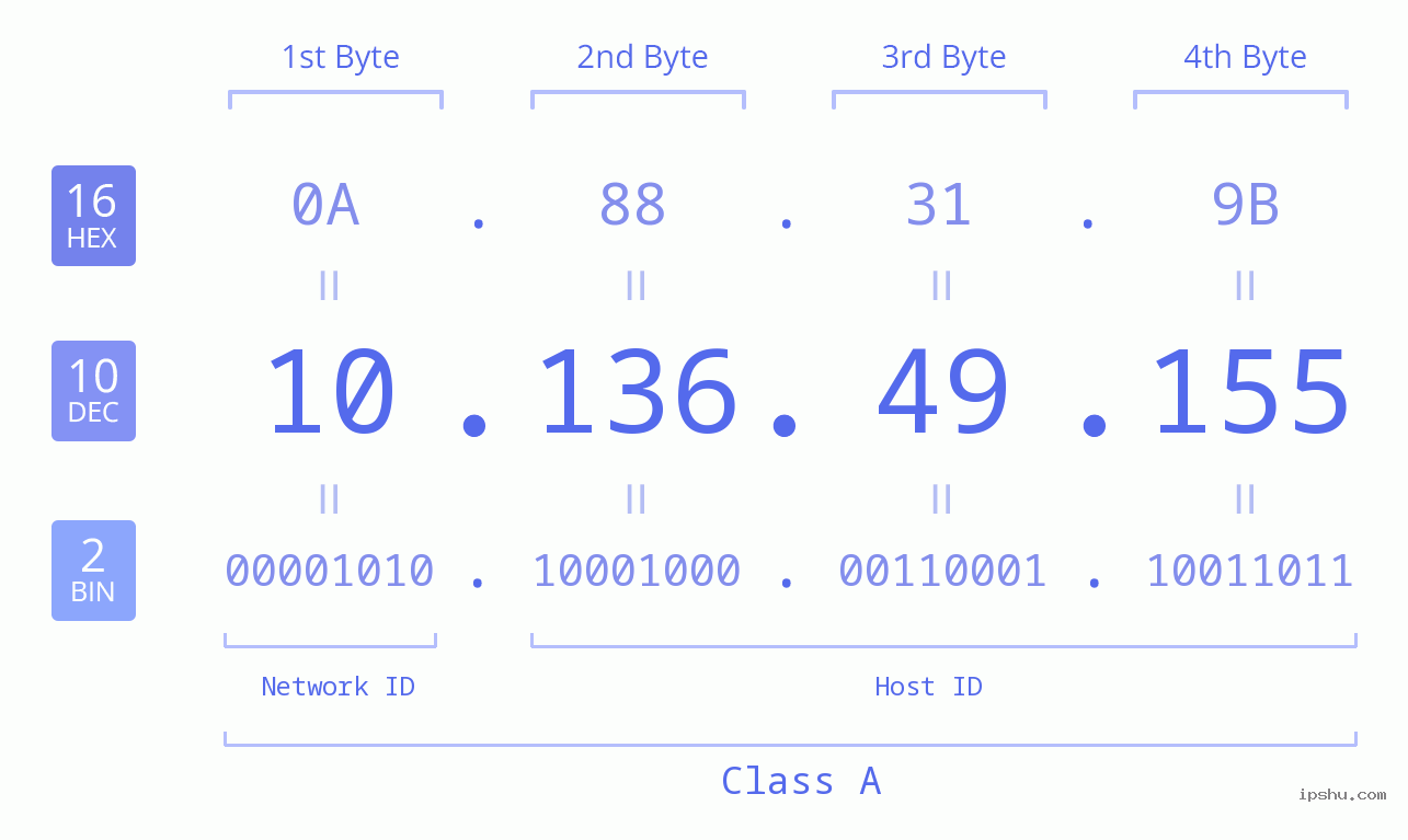 IP Address: 10.136.49.155 Data Structure Chart BIN DEC HEX IPv4: 10.136.49.155 Network Class, Net ID, Host ID