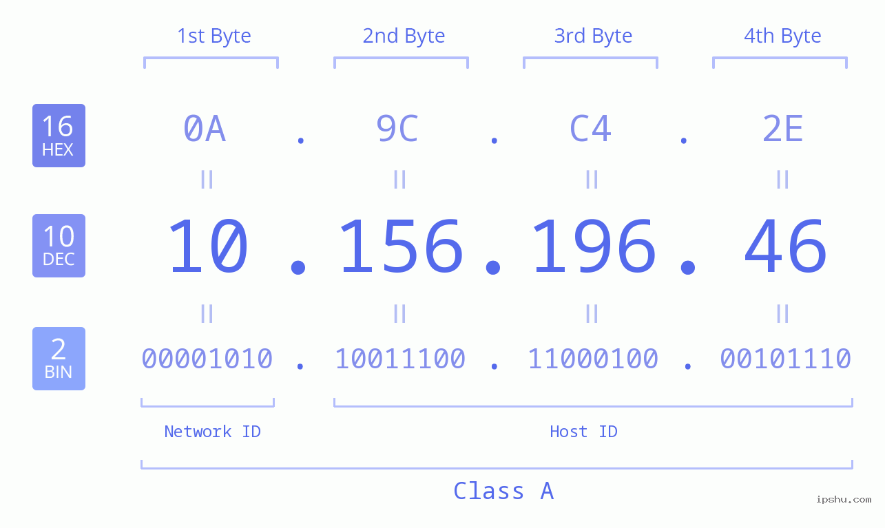IP Address: 10.156.196.46 Data Structure Chart BIN DEC HEX IPv4: 10.156.196.46 Network Class, Net ID, Host ID