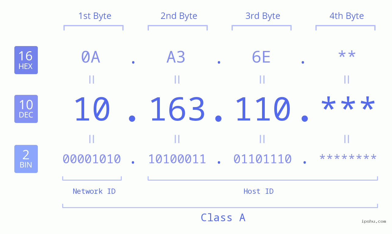 IP Address: 10.163.110 Data Structure Chart BIN DEC HEX IPv4: 10.163.110 Network Class, Net ID, Host ID