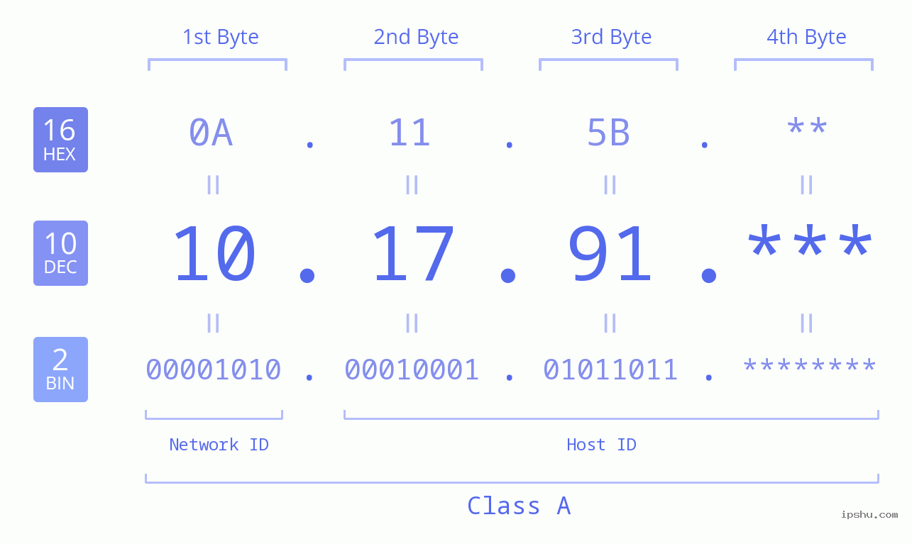 IP Address: 10.17.91 Data Structure Chart BIN DEC HEX IPv4: 10.17.91 Network Class, Net ID, Host ID