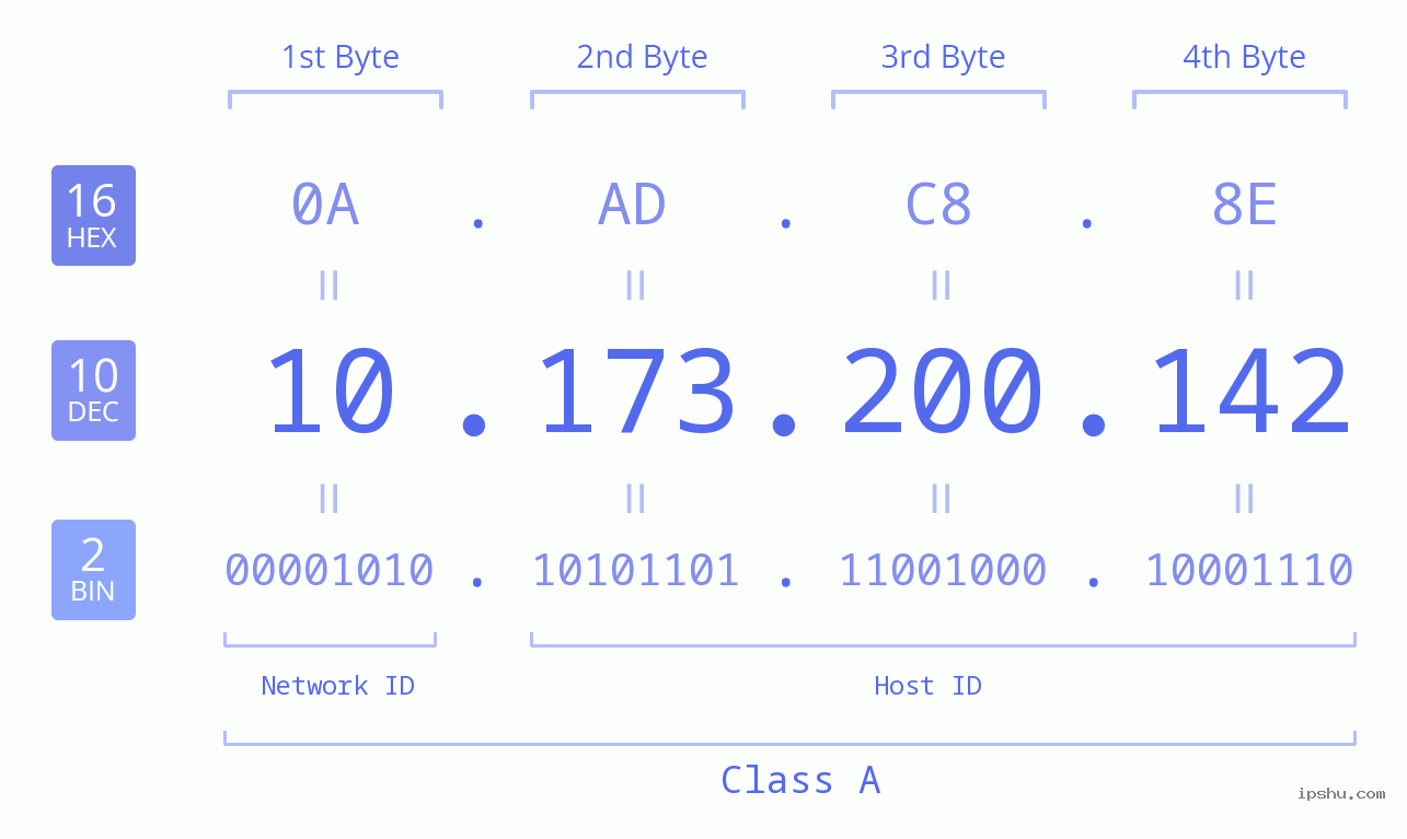 IP Address: 10.173.200.142 Data Structure Chart BIN DEC HEX IPv4: 10.173.200.142 Network Class, Net ID, Host ID