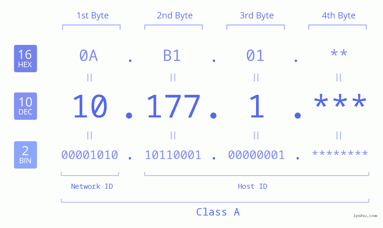 IP Address: 10.177.1 Data Structure Chart BIN DEC HEX IPv4: 10.177.1 Network Class, Net ID, Host ID