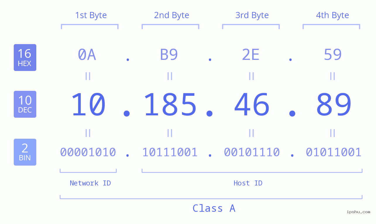 IP Address: 10.185.46.89 Data Structure Chart BIN DEC HEX IPv4: 10.185.46.89 Network Class, Net ID, Host ID