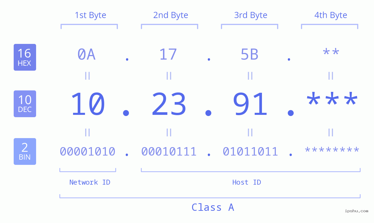IP Address: 10.23.91 Data Structure Chart BIN DEC HEX IPv4: 10.23.91 Network Class, Net ID, Host ID