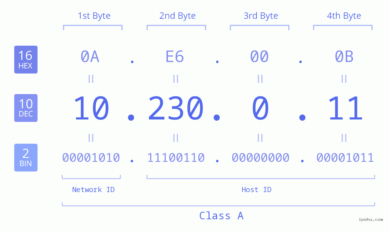 IP Address: 10.230.0.11 Data Structure Chart BIN DEC HEX IPv4: 10.230.0.11 Network Class, Net ID, Host ID