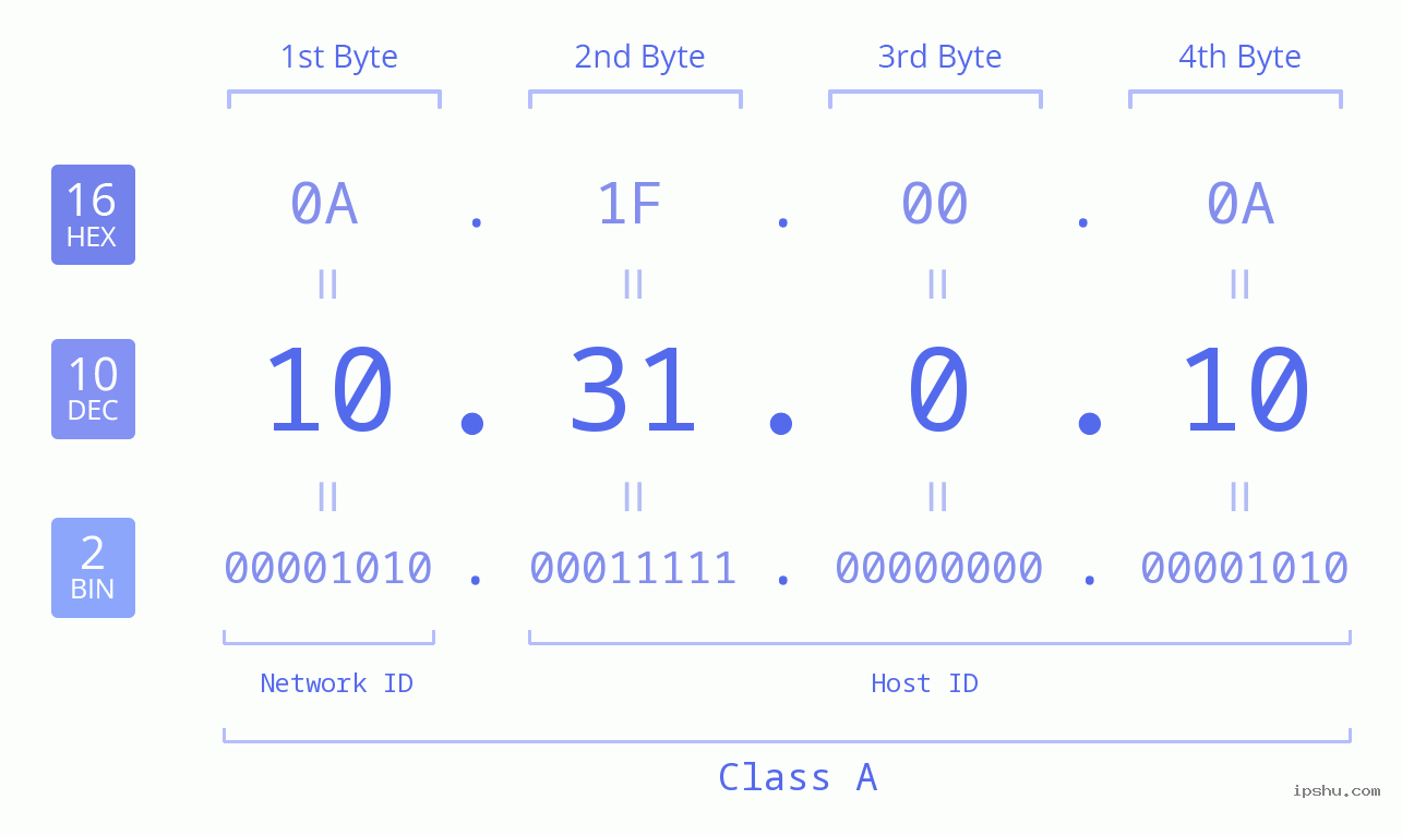 IP Address: 10.31.0.10 Data Structure Chart BIN DEC HEX IPv4: 10.31.0.10 Network Class, Net ID, Host ID
