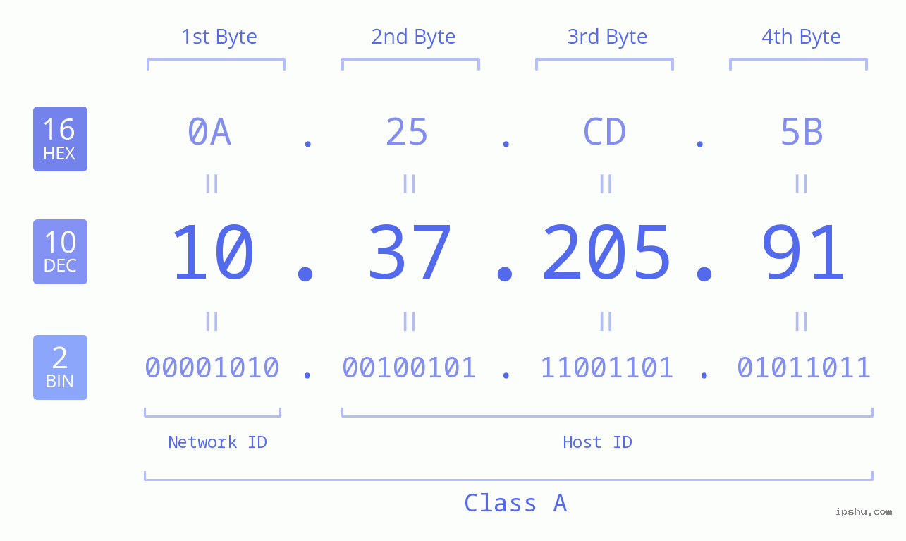 IP Address: 10.37.205.91 Data Structure Chart BIN DEC HEX IPv4: 10.37.205.91 Network Class, Net ID, Host ID