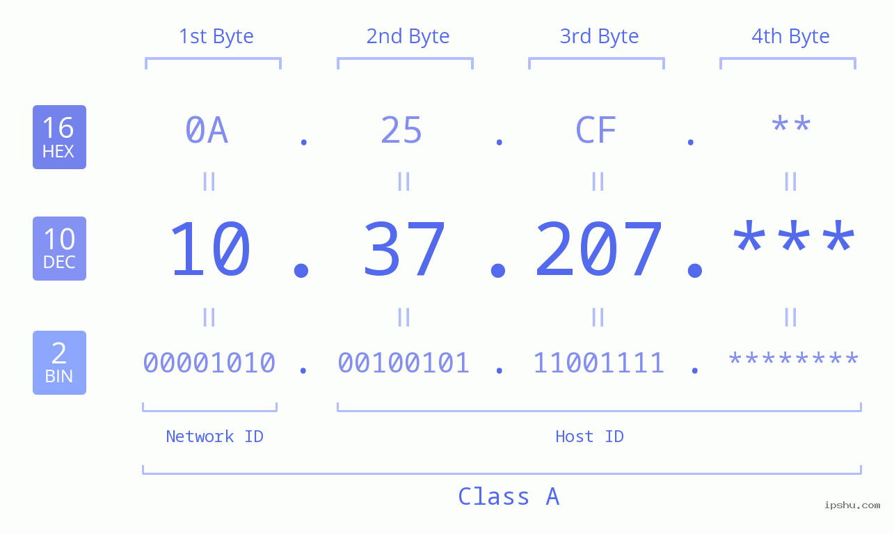 IP Address: 10.37.207 Data Structure Chart BIN DEC HEX IPv4: 10.37.207 Network Class, Net ID, Host ID