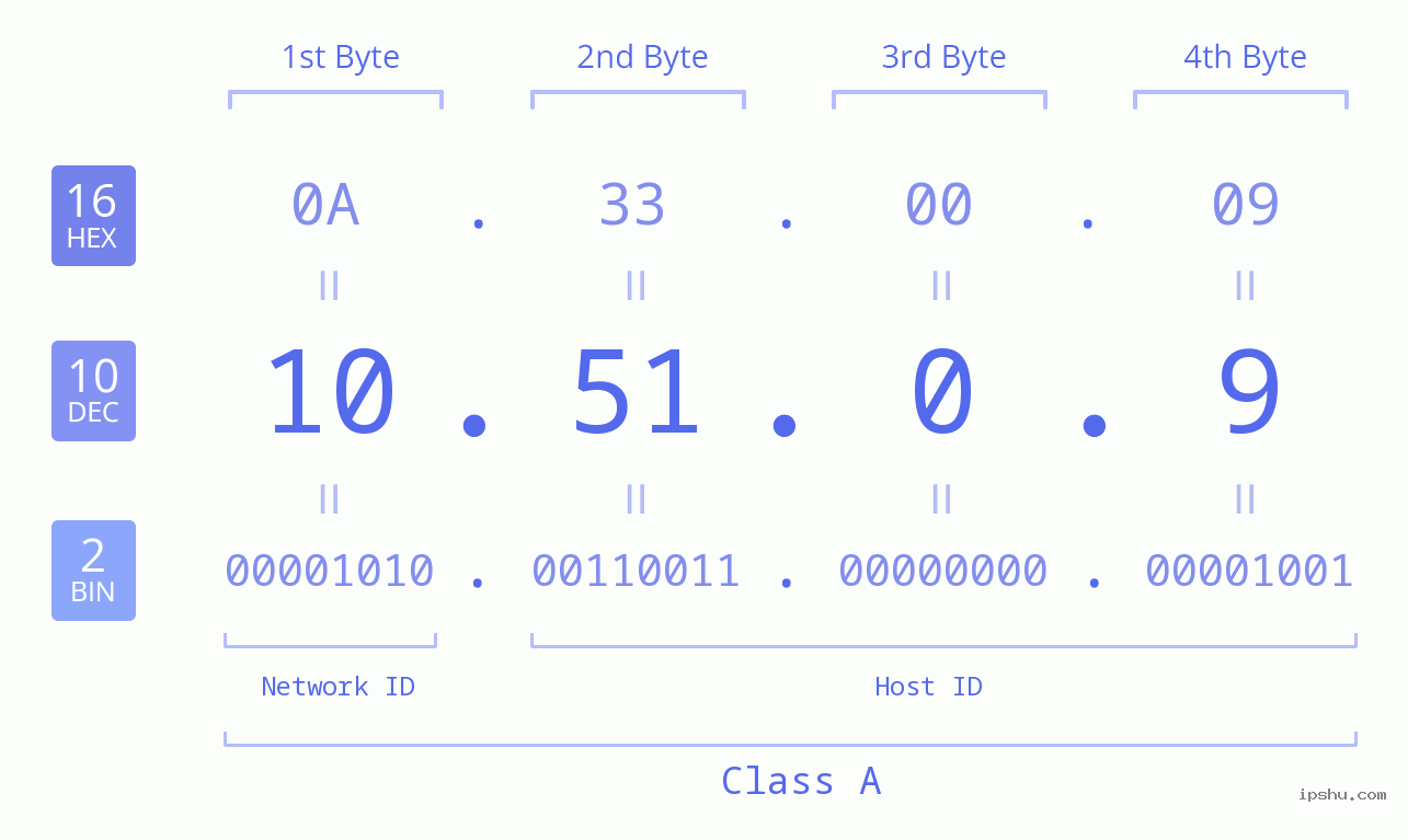 IP Address: 10.51.0.9 Data Structure Chart BIN DEC HEX IPv4: 10.51.0.9 Network Class, Net ID, Host ID