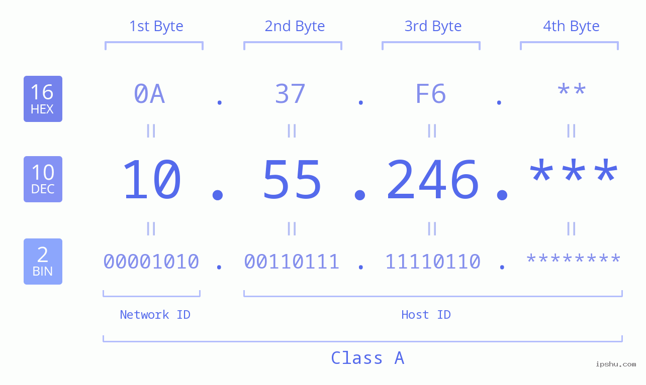 IP Address: 10.55.246 Data Structure Chart BIN DEC HEX IPv4: 10.55.246 Network Class, Net ID, Host ID