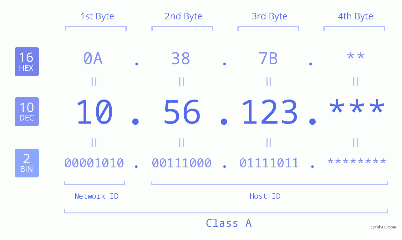 IP Address: 10.56.123 Data Structure Chart BIN DEC HEX IPv4: 10.56.123 Network Class, Net ID, Host ID