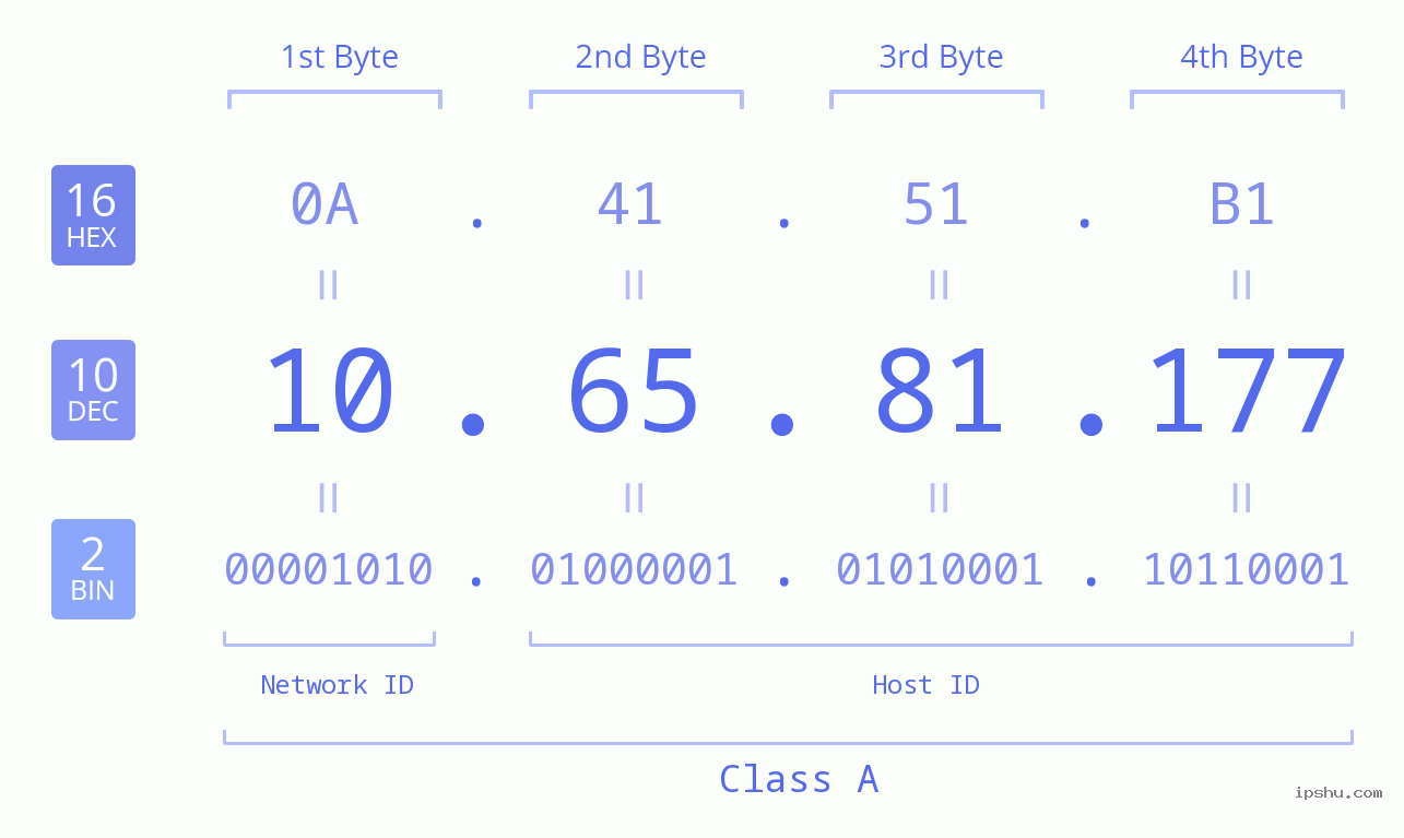 IP Address: 10.65.81.177 Data Structure Chart BIN DEC HEX IPv4: 10.65.81.177 Network Class, Net ID, Host ID