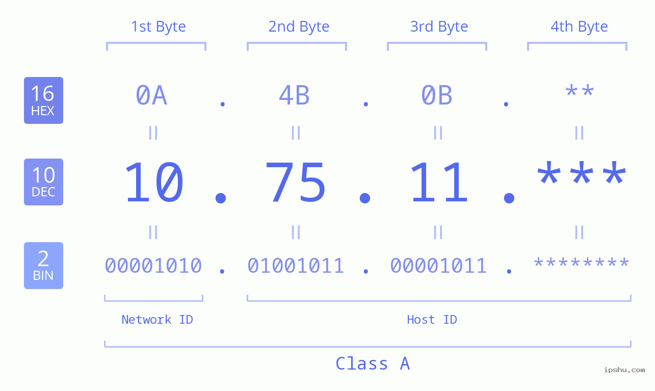 IP Address: 10.75.11 Data Structure Chart BIN DEC HEX IPv4: 10.75.11 Network Class, Net ID, Host ID