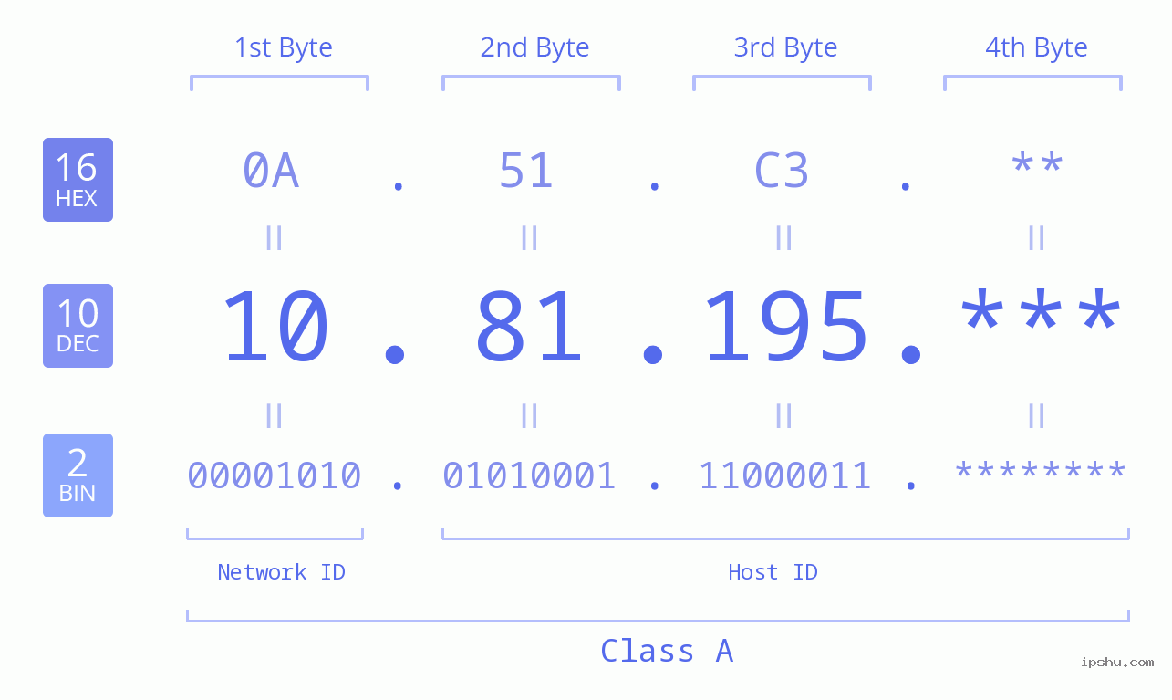 IP Address: 10.81.195 Data Structure Chart BIN DEC HEX IPv4: 10.81.195 Network Class, Net ID, Host ID