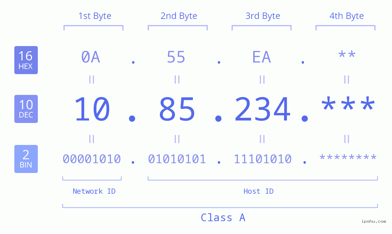 IP Address: 10.85.234 Data Structure Chart BIN DEC HEX IPv4: 10.85.234 Network Class, Net ID, Host ID