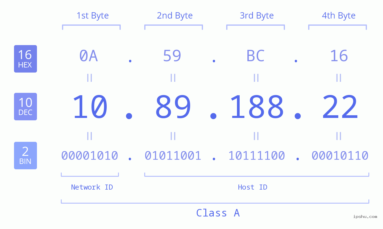 IP Address: 10.89.188.22 Data Structure Chart BIN DEC HEX IPv4: 10.89.188.22 Network Class, Net ID, Host ID
