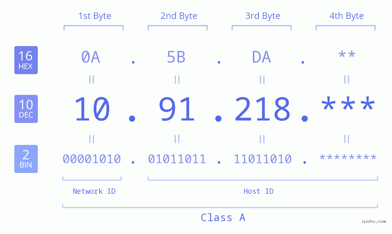 IP Address: 10.91.218 Data Structure Chart BIN DEC HEX IPv4: 10.91.218 Network Class, Net ID, Host ID
