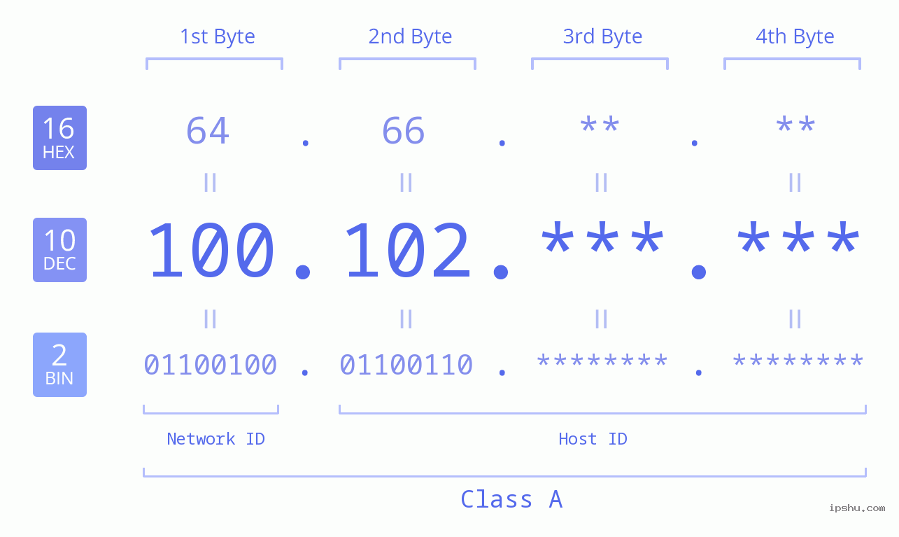 IP Address: 100.102 Data Structure Chart BIN DEC HEX IPv4: 100.102 Network Class, Net ID, Host ID