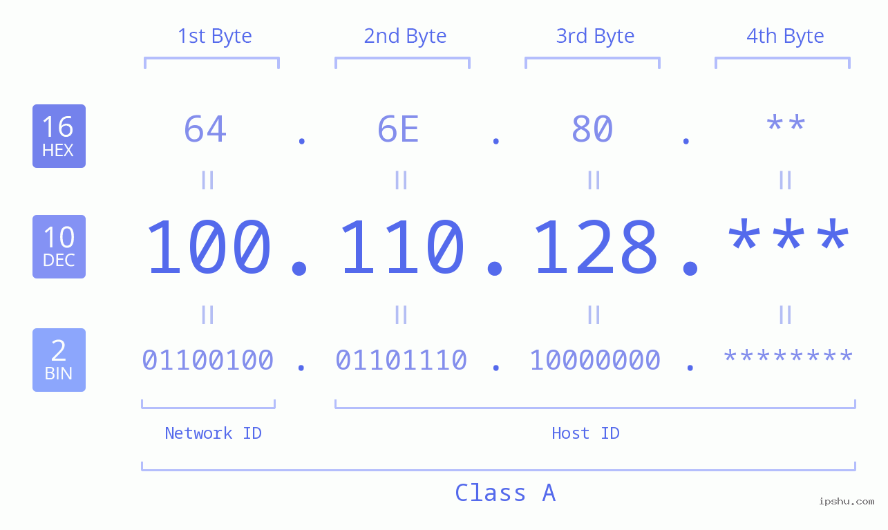 IP Address: 100.110.128 Data Structure Chart BIN DEC HEX IPv4: 100.110.128 Network Class, Net ID, Host ID